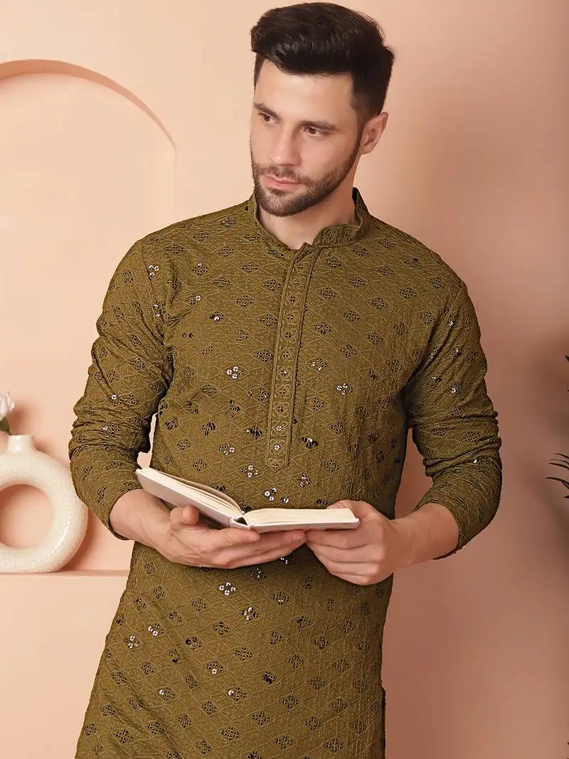Mehndi embroidered pure cotton kurta pyjama set