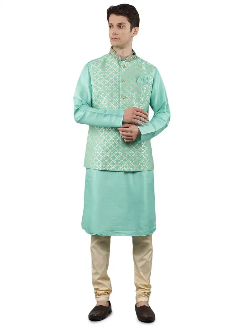 Green woven design kurta sets with nehru jacket