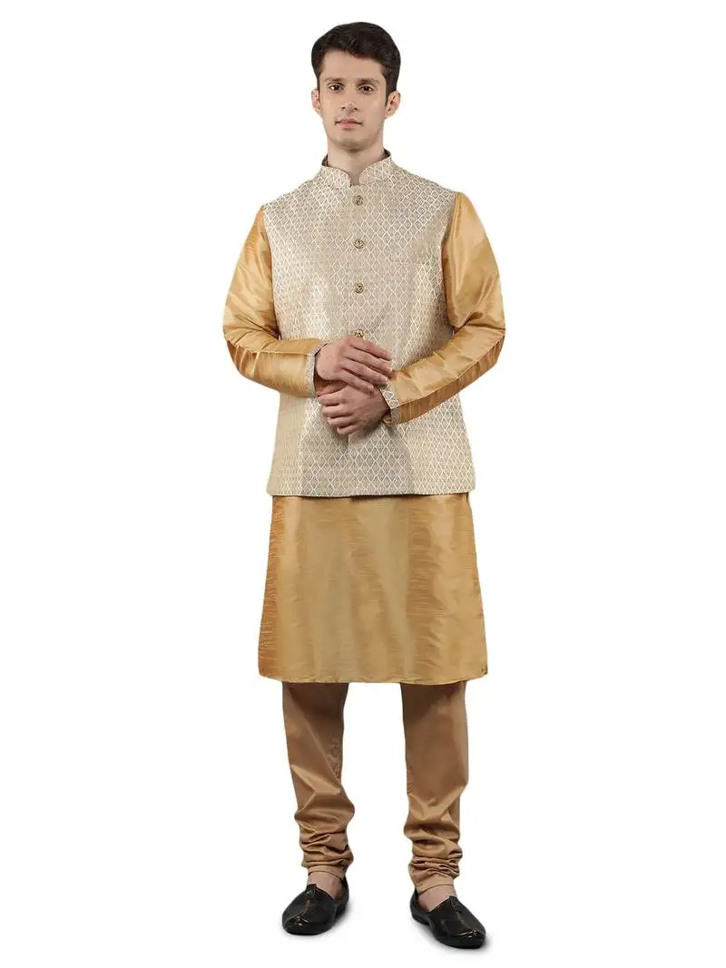 Fawn design kurta sets with nehru jacket