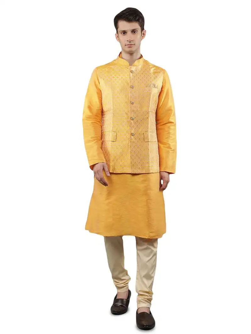 Yellow woven design kurta sets with nehru jacket