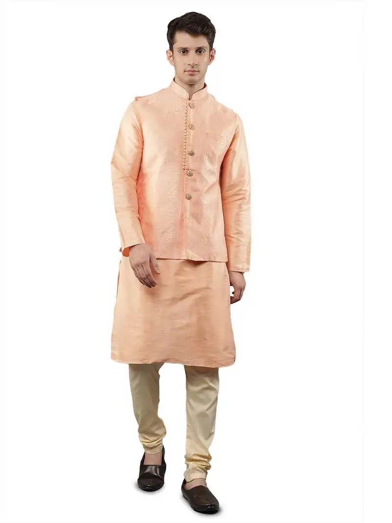 Pink woven design kurta sets with nehru jacket