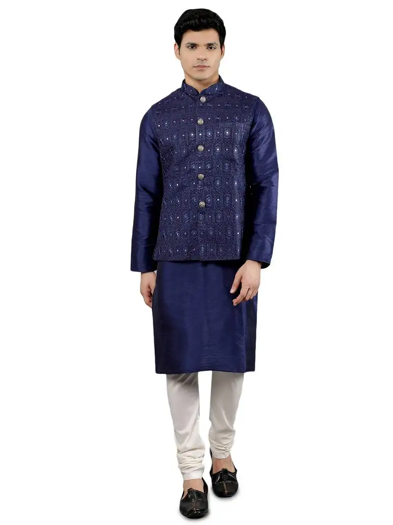 Blue woven design kurta sets with nehru jacket