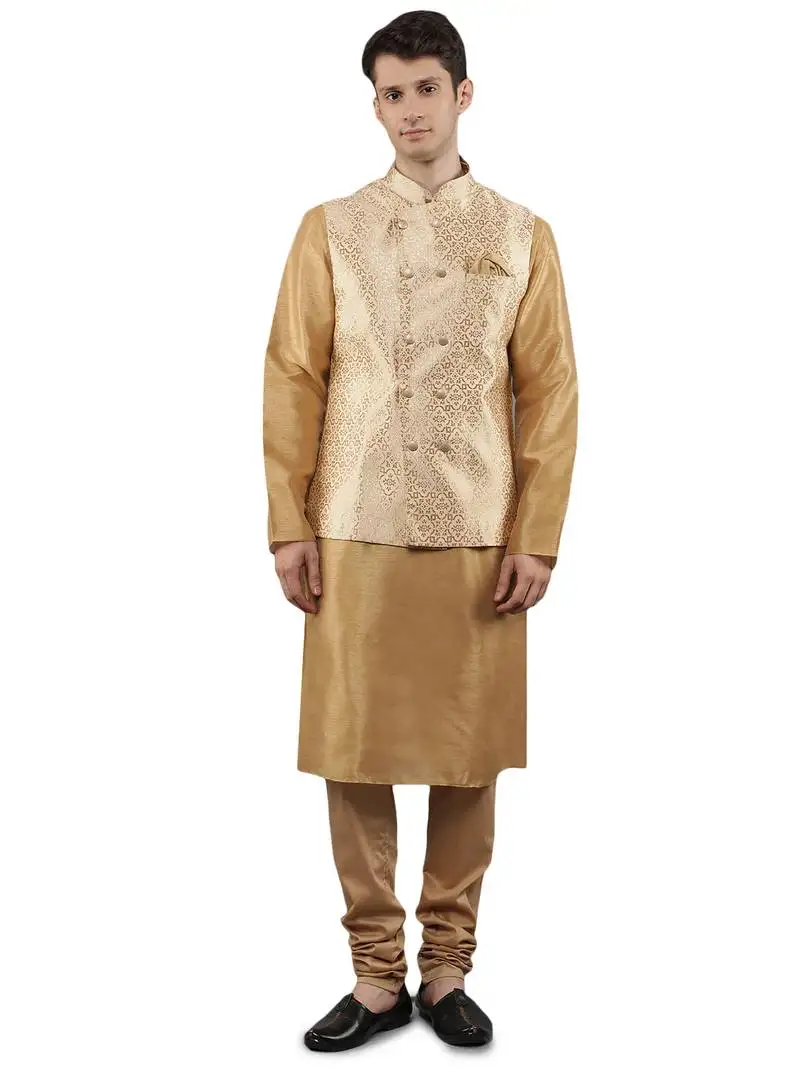 Fawn woven design kurta sets with nehru jacket