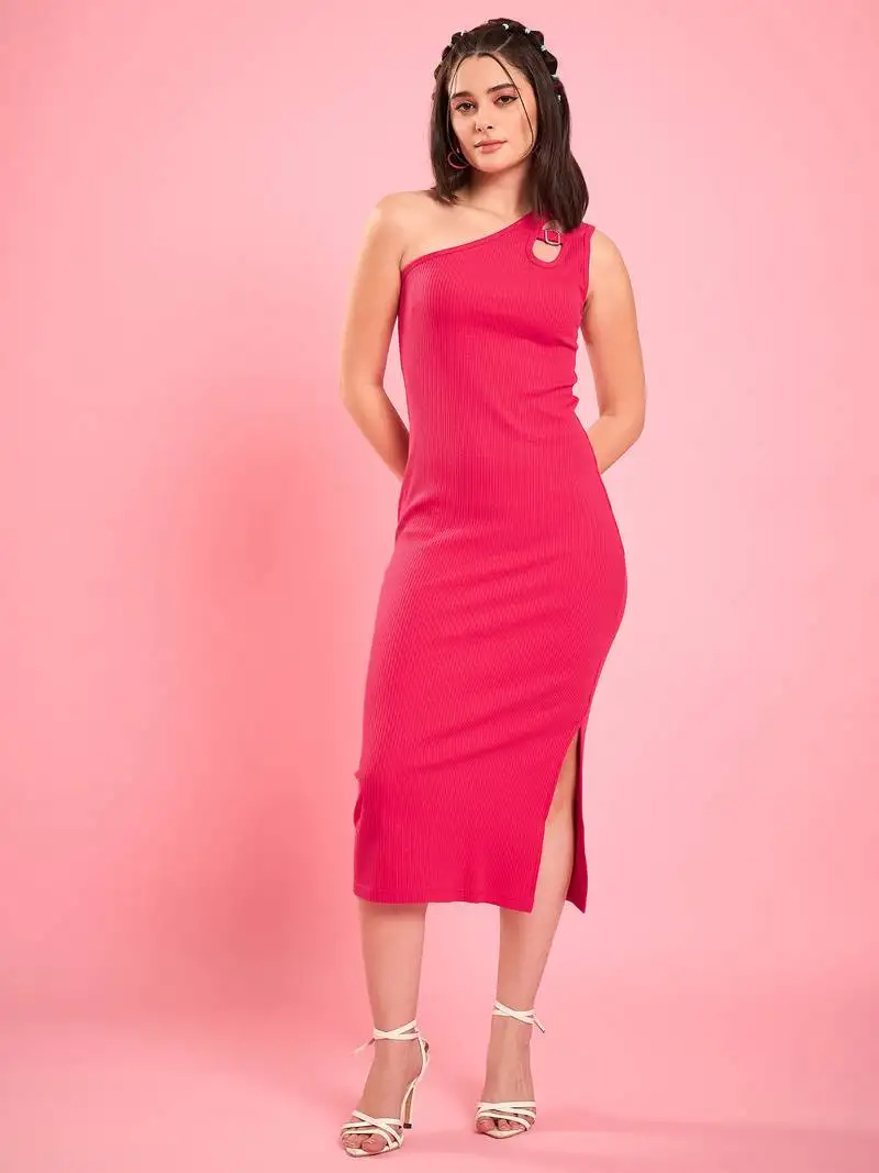 Winered women pink one-shoulder bodycon midi dress stitched