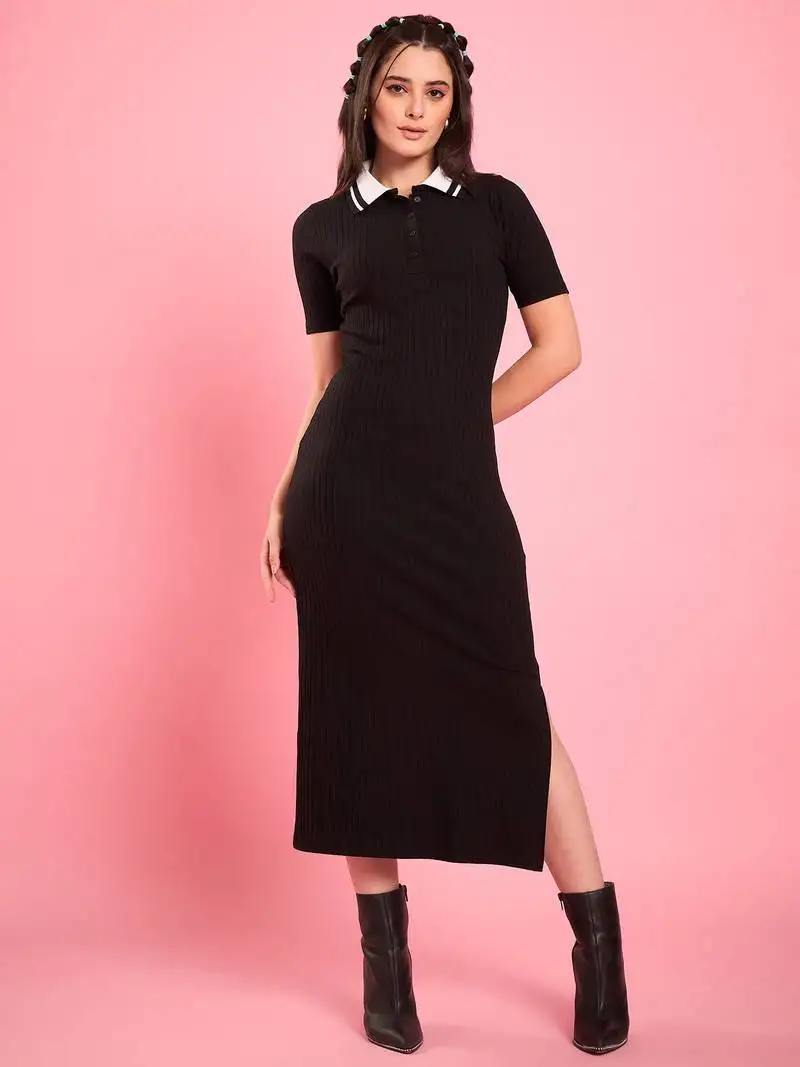 Winered women black collared bodycon dress