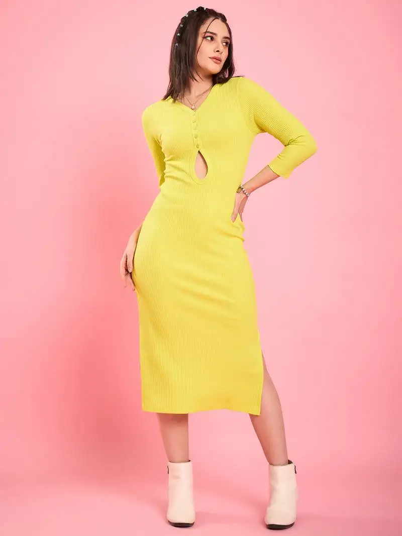 Winered women lime cut-out ribbed bodycon midi dress