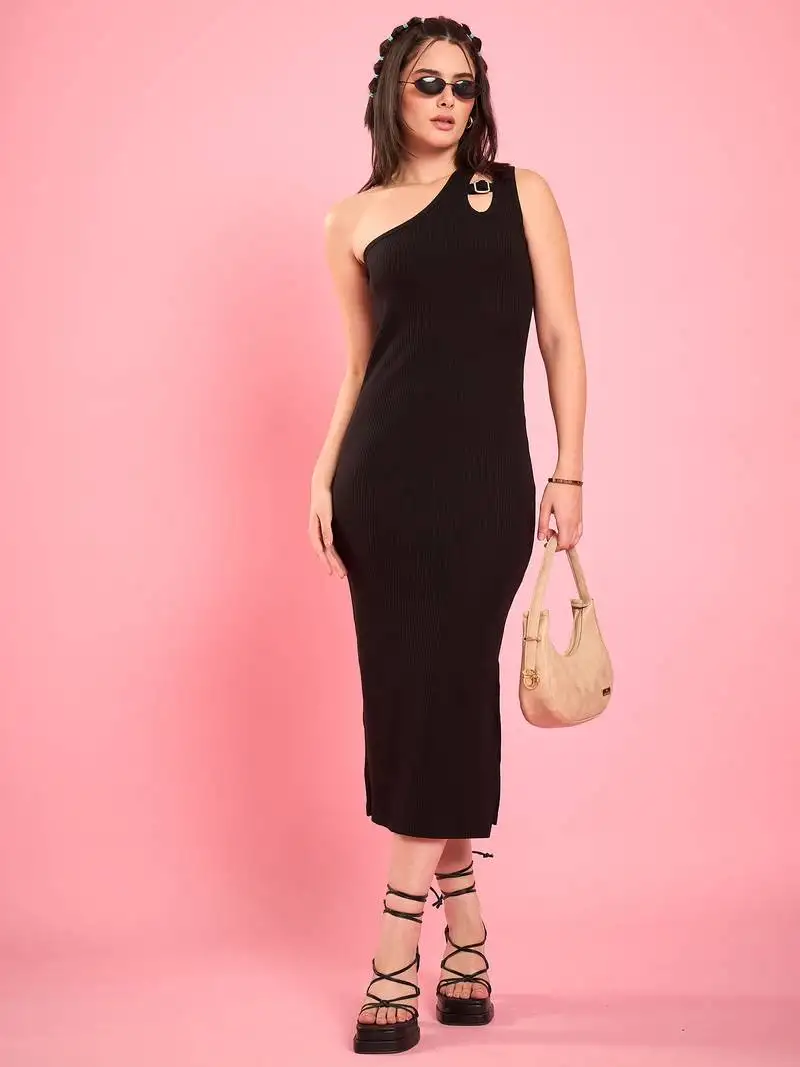 Winered women black one-shoulder bodycon midi dress