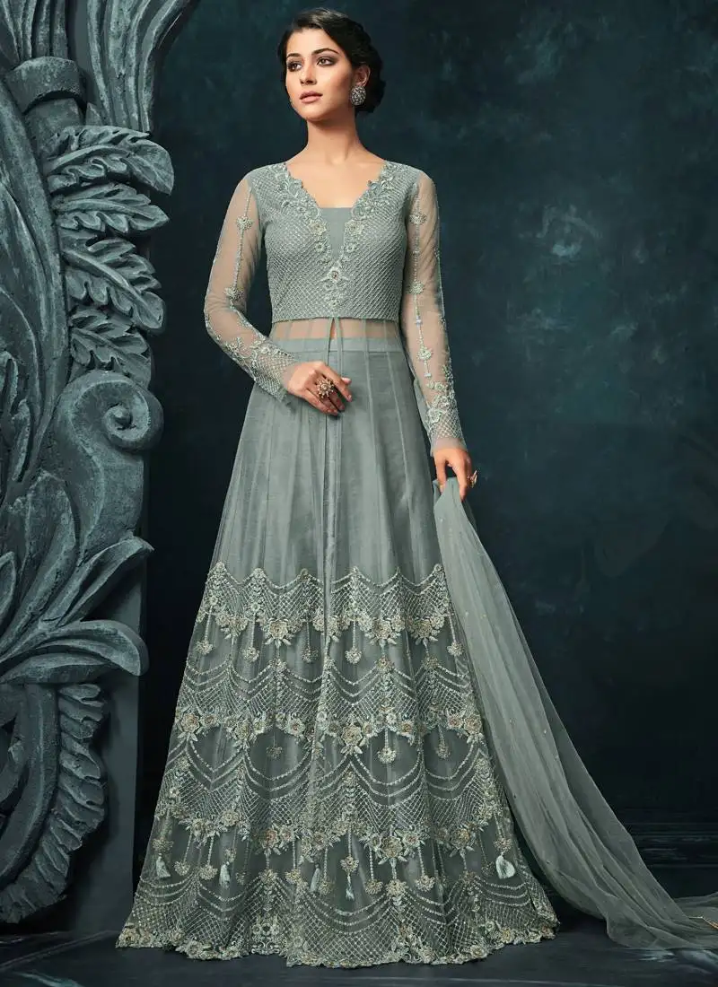 Grey zari resham embroidery and stones work net anarkali suits semi stitched