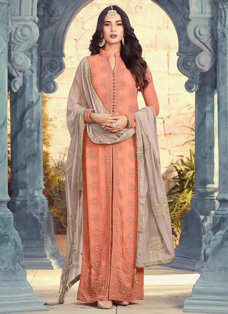 Peach embroidered georgette salwar kameez semi stitched