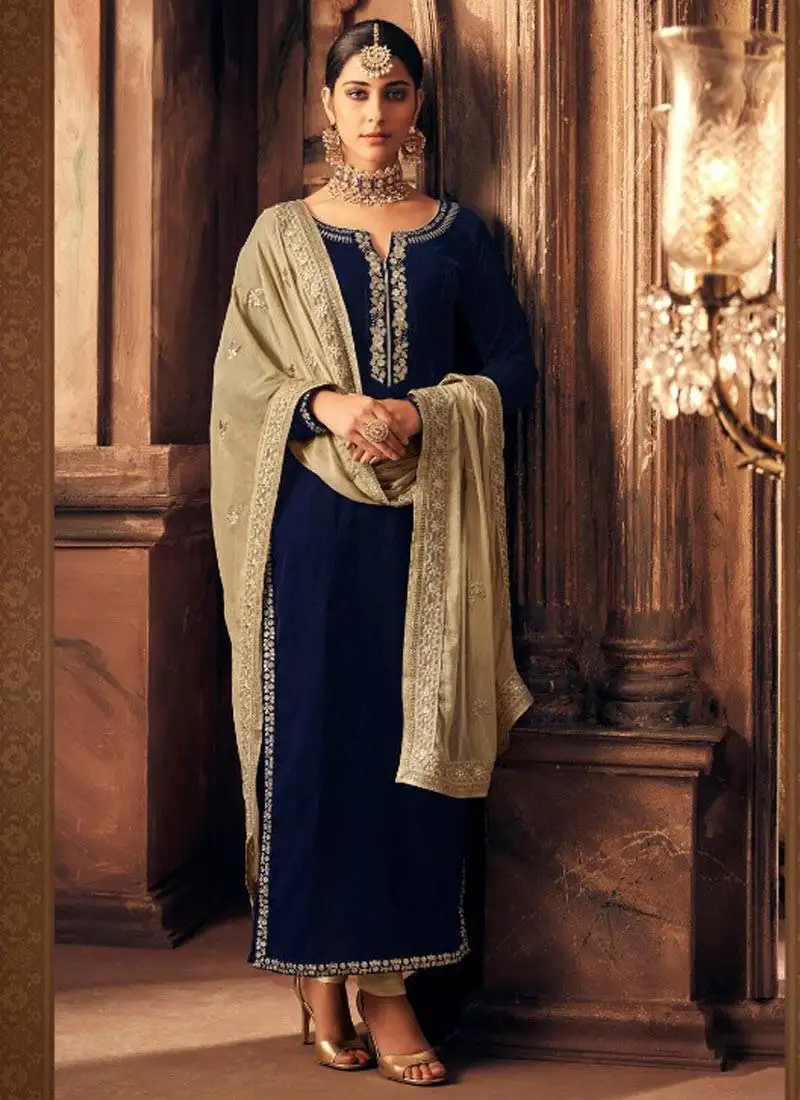 Blue embroidered velvet salwar kameez semi stitched