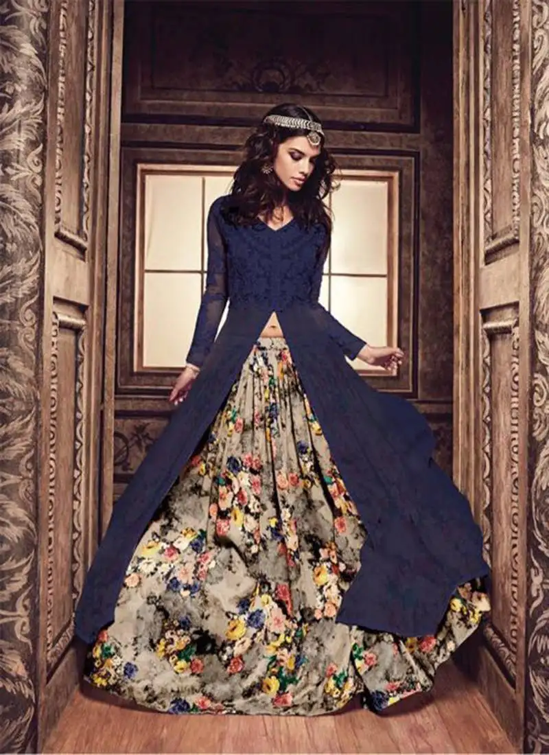 Navy blue embroidered georgette anarkali suits semi stitched