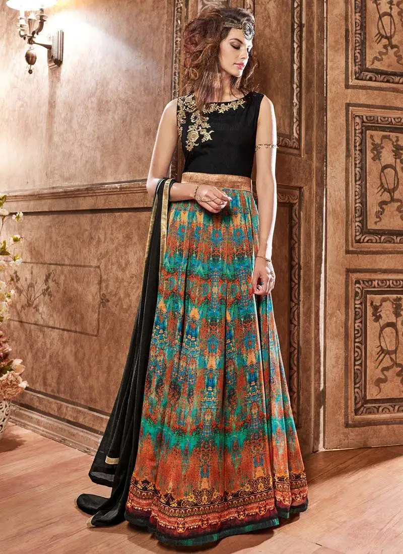 Multicolor embroidered & print silk anarkali suits semi stitched