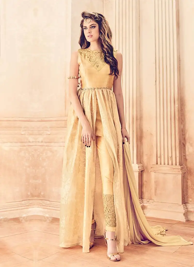 Beige embroidered net anarkali suits semi stitched