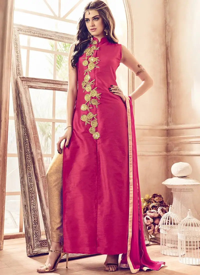 Rani pink zari resham embroidery silk salwar kameez semi stitched