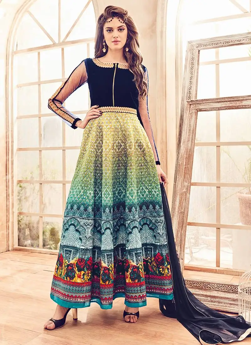Peacock blue embroidered & print velvet & silk anarkali suits semi stitched