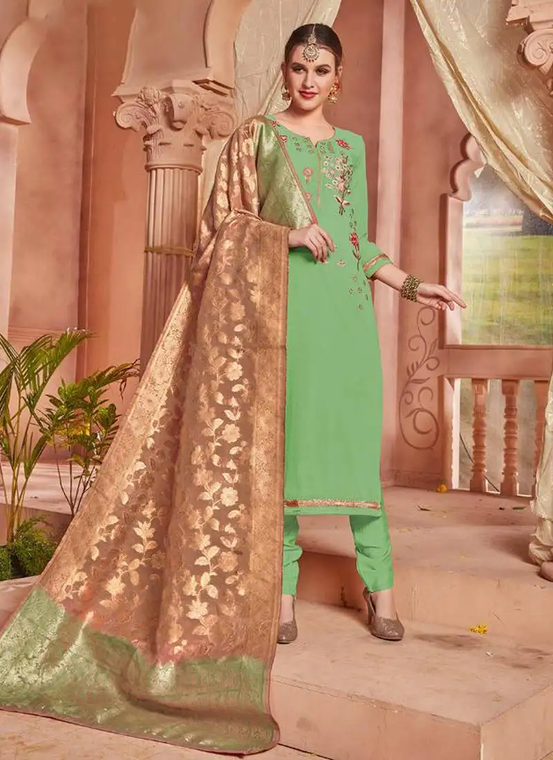 Green embroidered georgette salwar kameez semi stitched