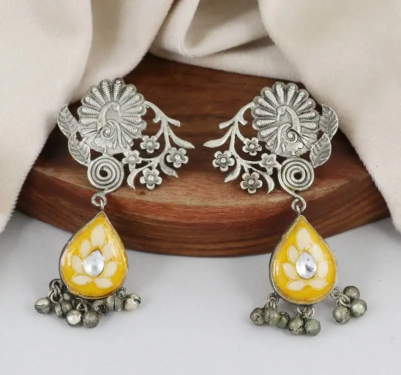 Yellow meena oxidized jhumka earrings