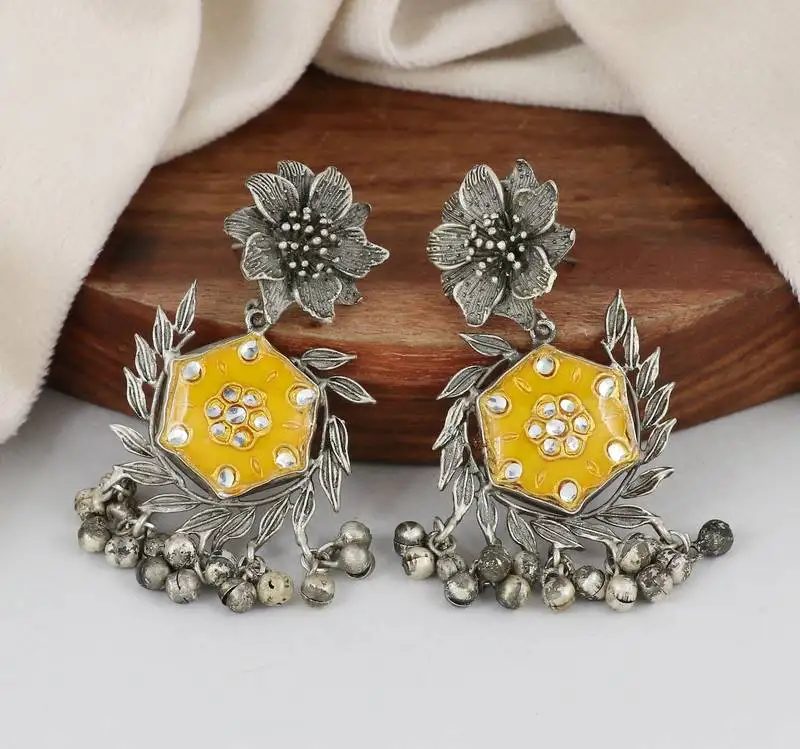 Yellow meena oxidized flower earrings