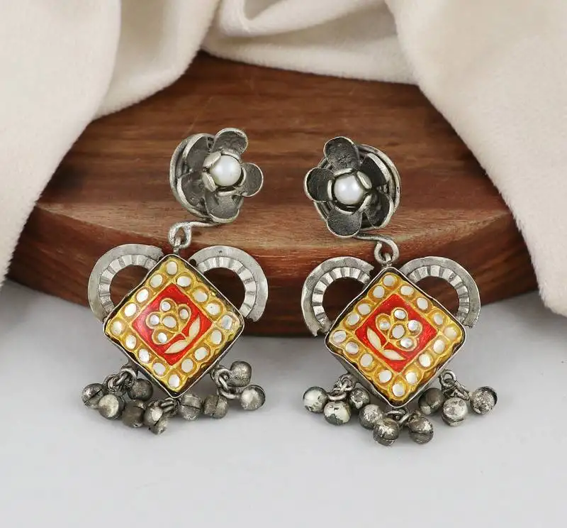 White pearl oxidized meena earrings