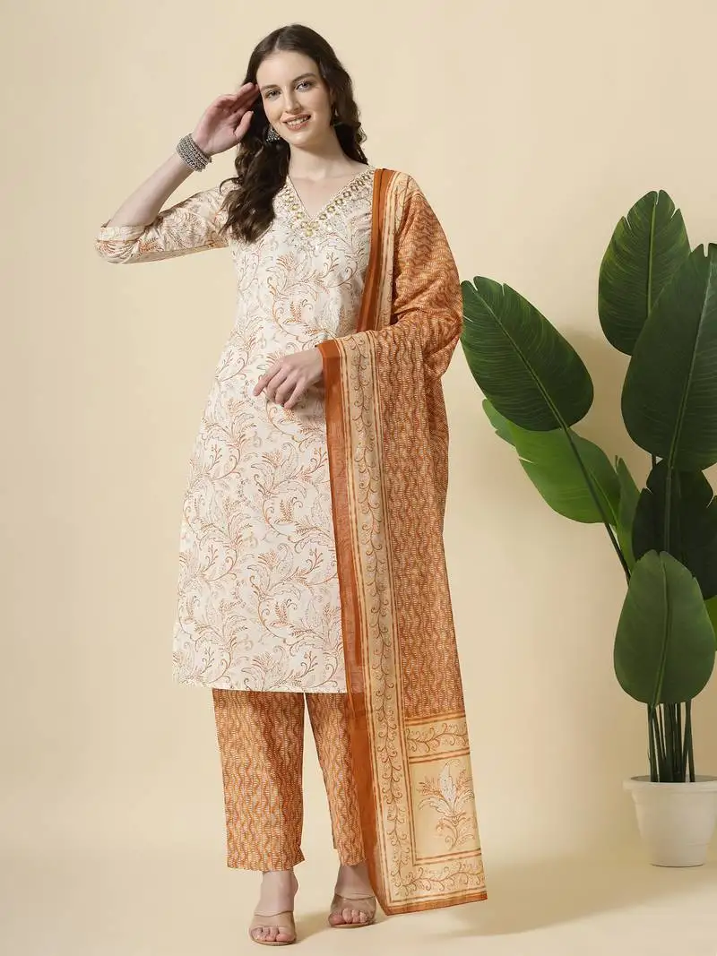 Rust pure cotton paisley,thread work kurta dupatta pant set