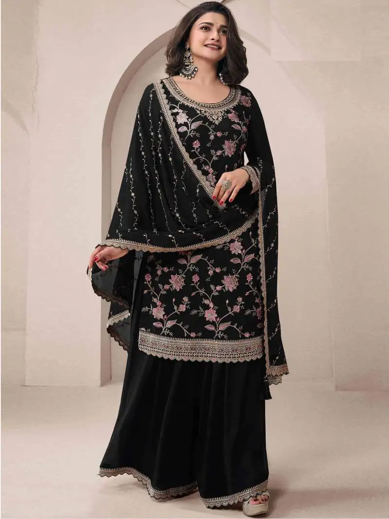 Black chinon heavy embroidery semi stitched wedding palazzo suits