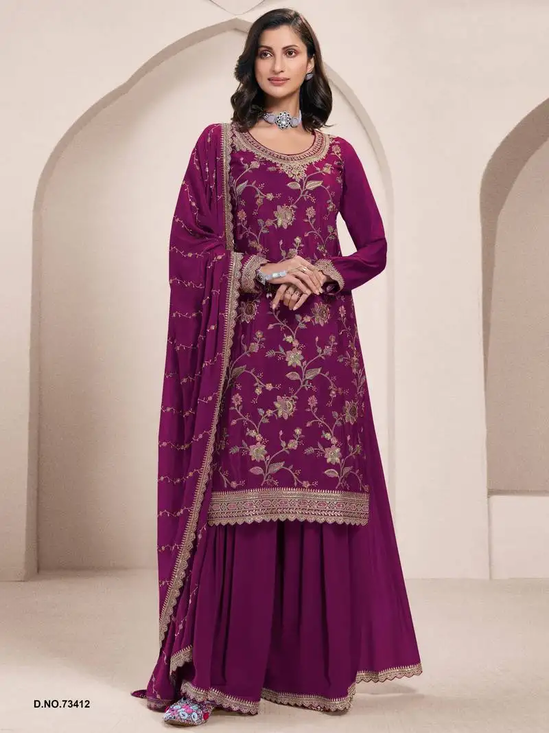 Magenta chinon heavy embroidery semi stitched wedding palazzo suits