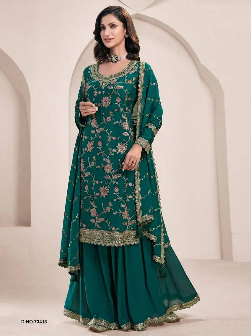 Sea green chinon heavy embroidery semi stitched wedding palazzo suits