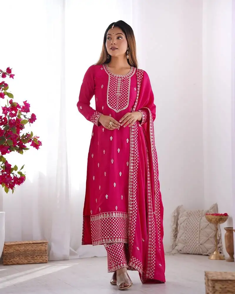 Ranipink chinon silk embroidered work kurtapent with dupatta stitched