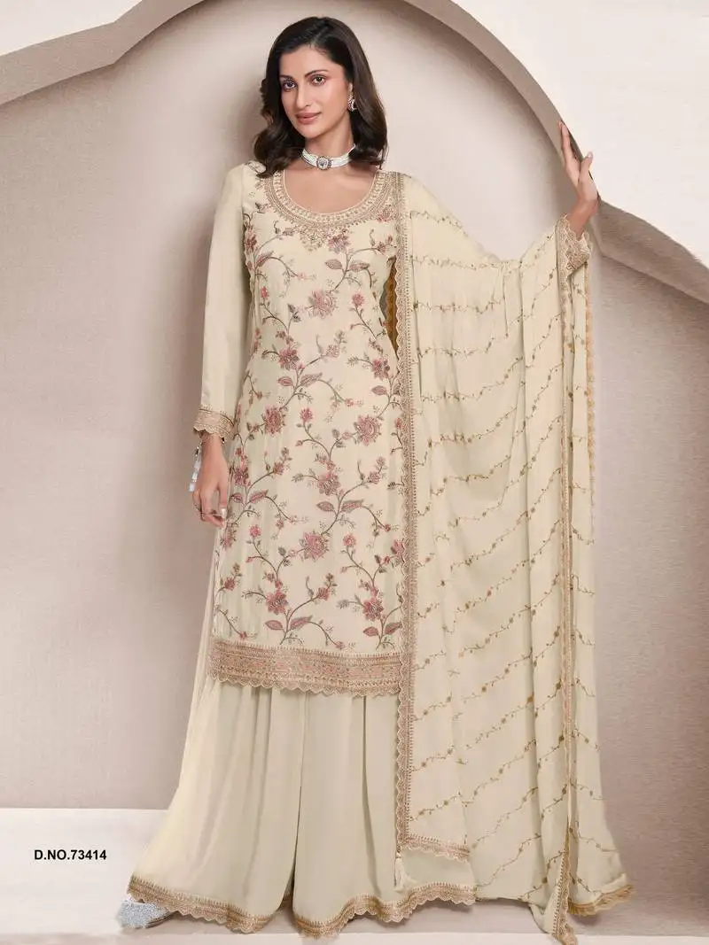 Ivory chinon heavy embroidery semi stitched wedding palazzo suits