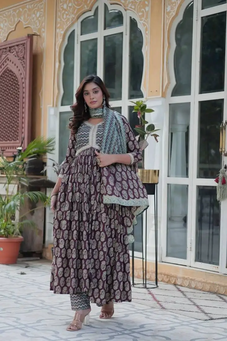 Wine cotton with printed alia cut kurta set stitched