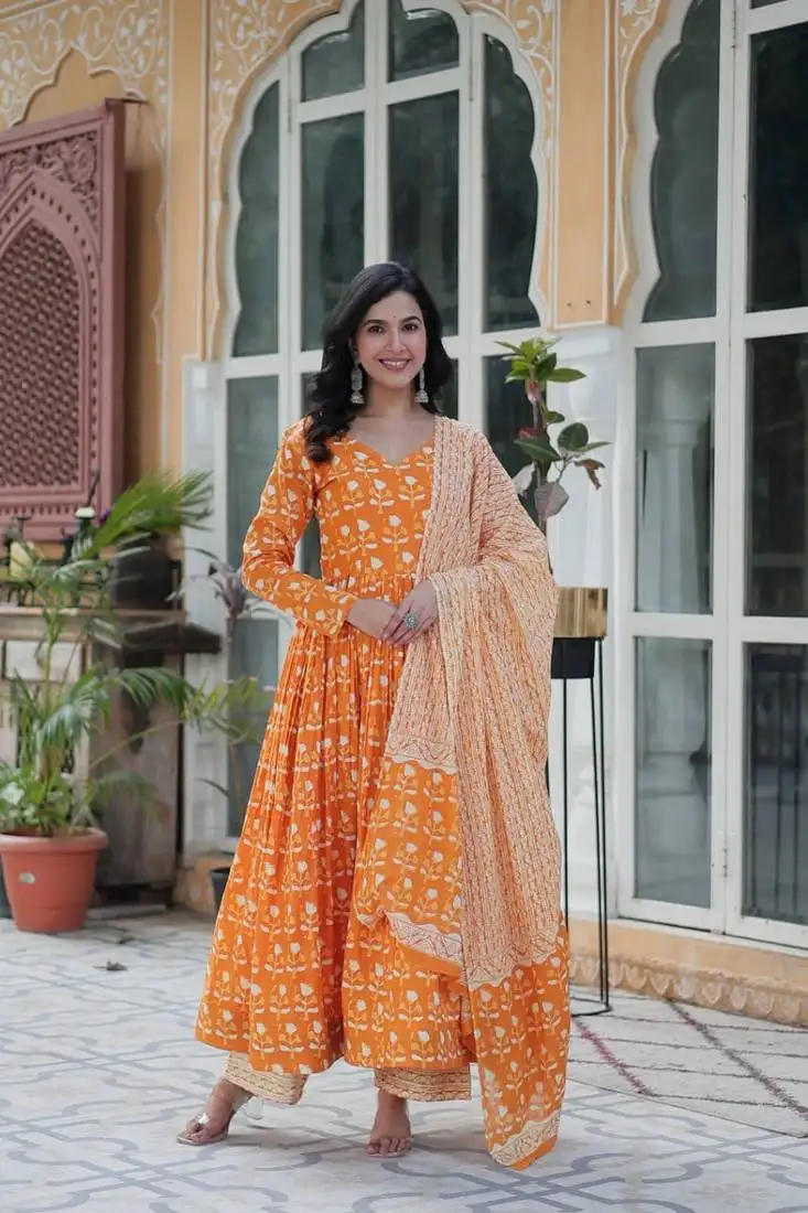 Orange cotton with printed design kurta set stitched