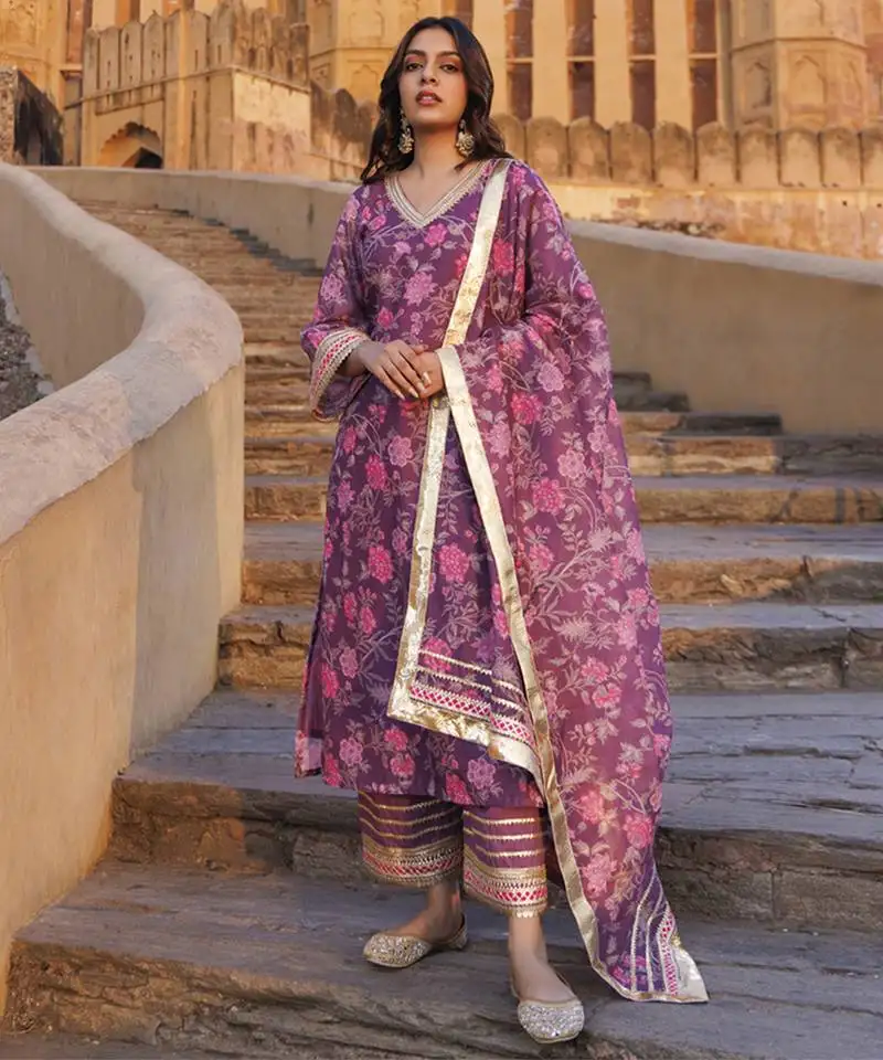 Purple floral printed chanderi kurta set