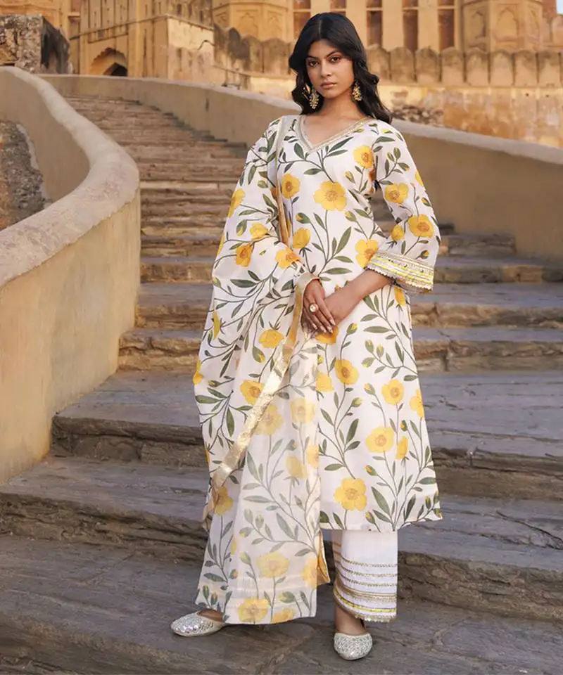 Off-white & yellow floral printed chanderi kurta set