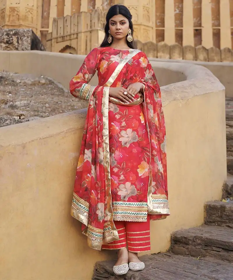 Coral floral printed chanderi kurta set