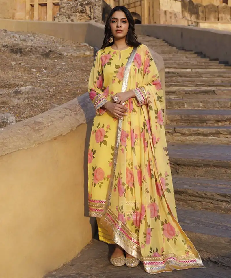 Yellow floral printed chiffon kurta set