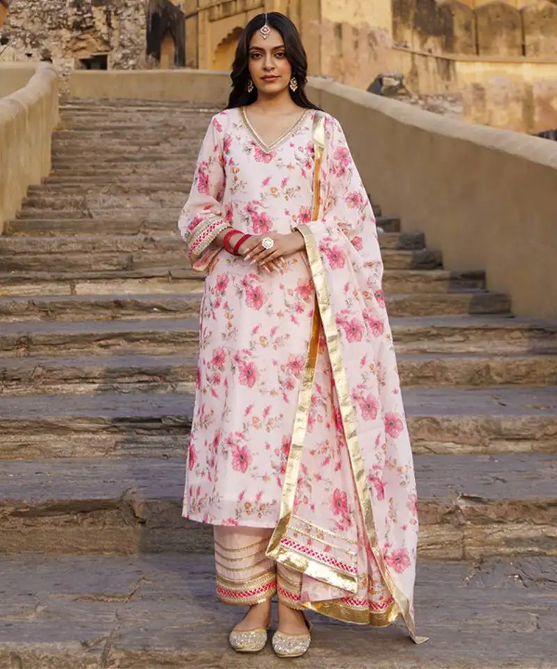Pink floral printed chanderi kurta set