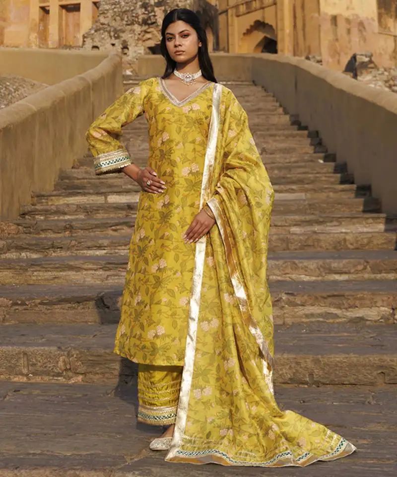 Olive yellow chanderi kurta set