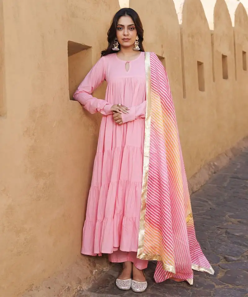 Pink flared cotton anarkli set