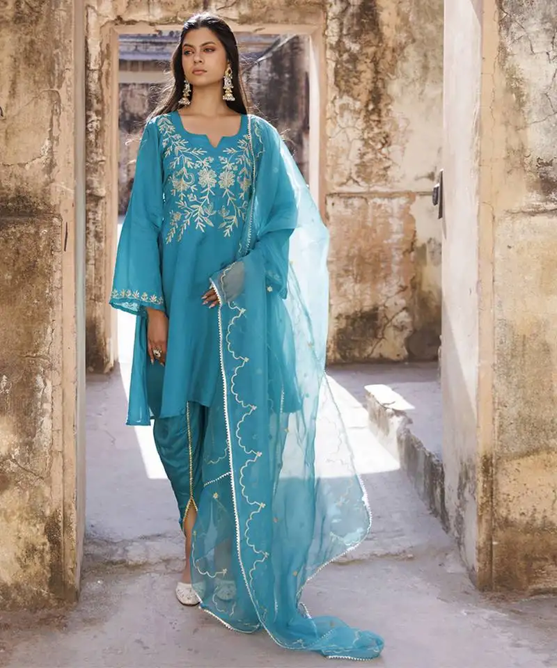 Green embroidered dhoti set