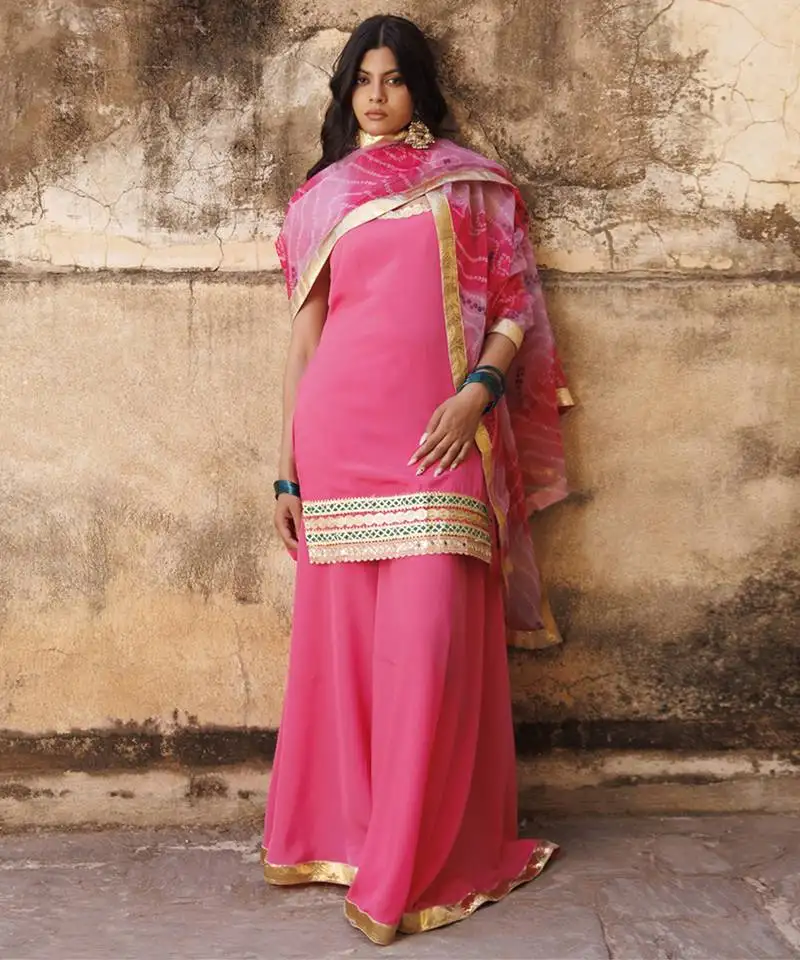 Pink crepe strappy sharara set