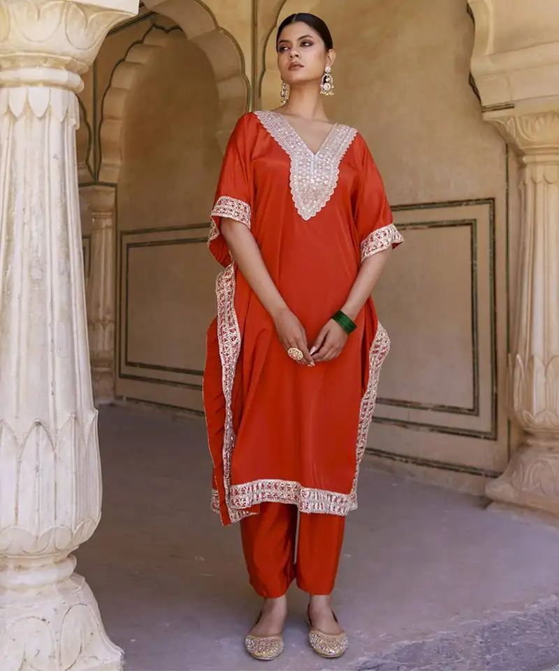 Burnt orange crepe kaftan & palazzo