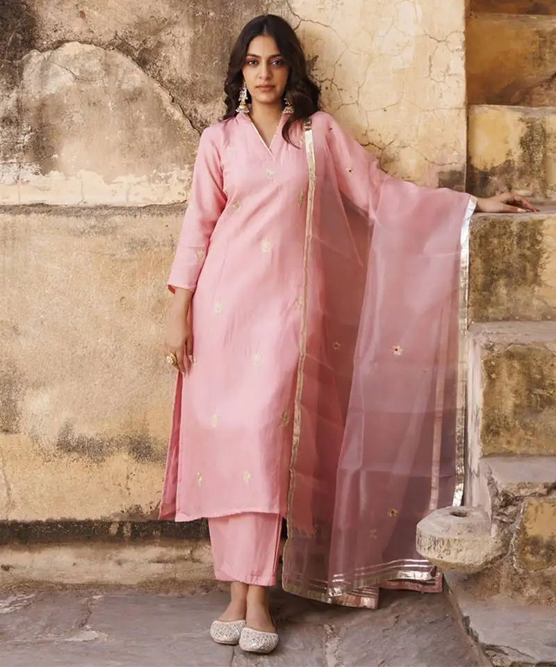 Pink uppada silk aari embroidered kurta set