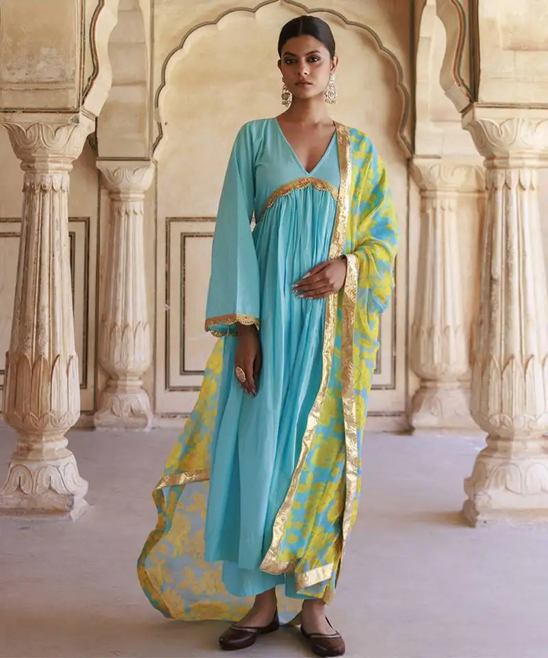 Blue cotton anarkali set with chiffon dupatta