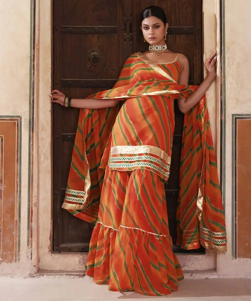 Orange chiffon strappy sharara set