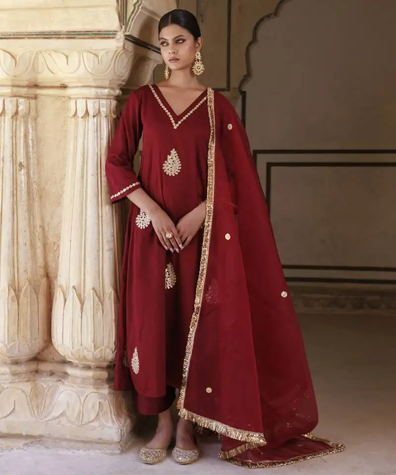 Maroon cotton silk gota patti work anarkali set