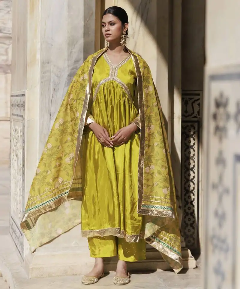 Olive yellow upadda silk kurta set with printed chanderi dupatta