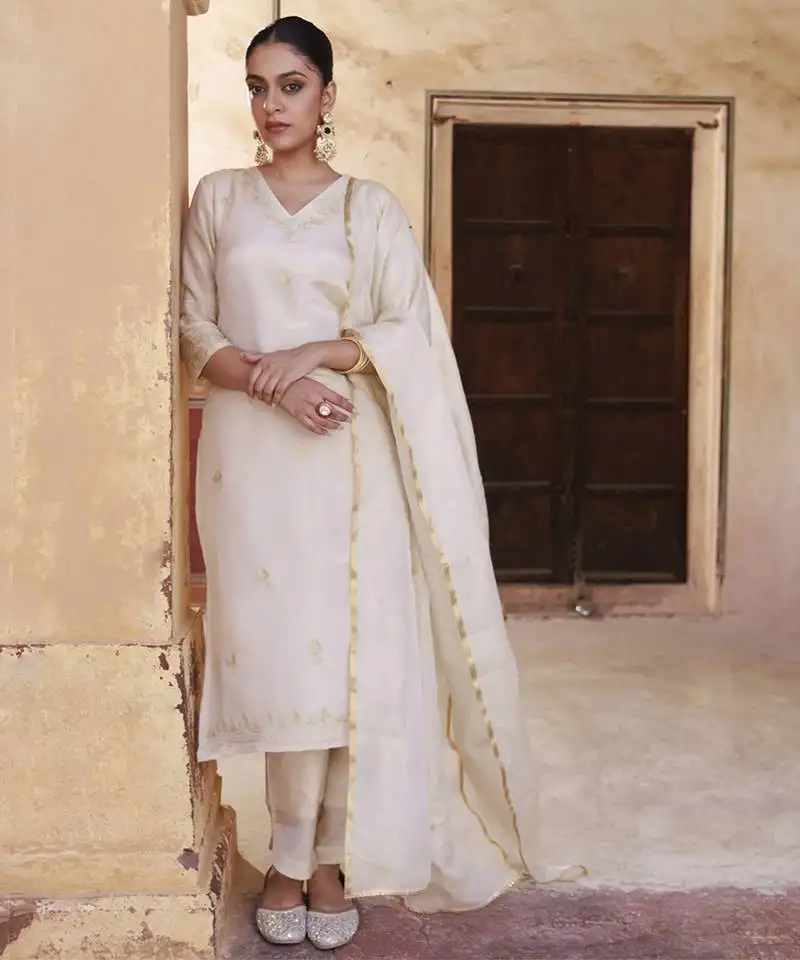 Ivory gold embroidered tissue kurta set