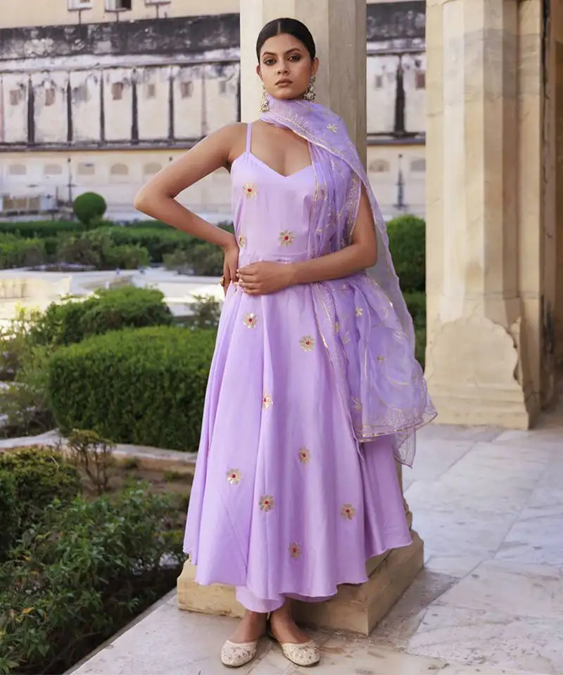 Lavender aari embroidered strapy cotton silk anarkali set