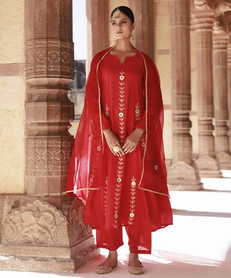 Red chanderi aari embroidered anarkali set