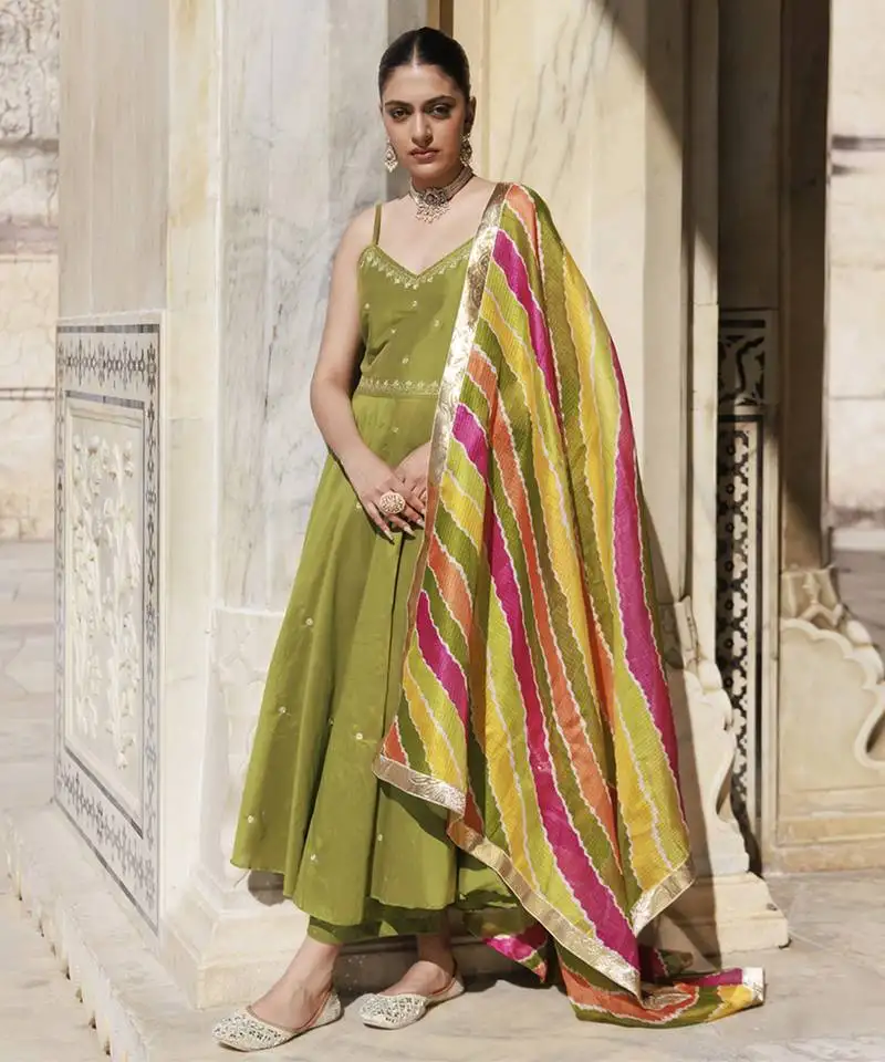 Green aari embroidered dupion silk strapy anarkali set